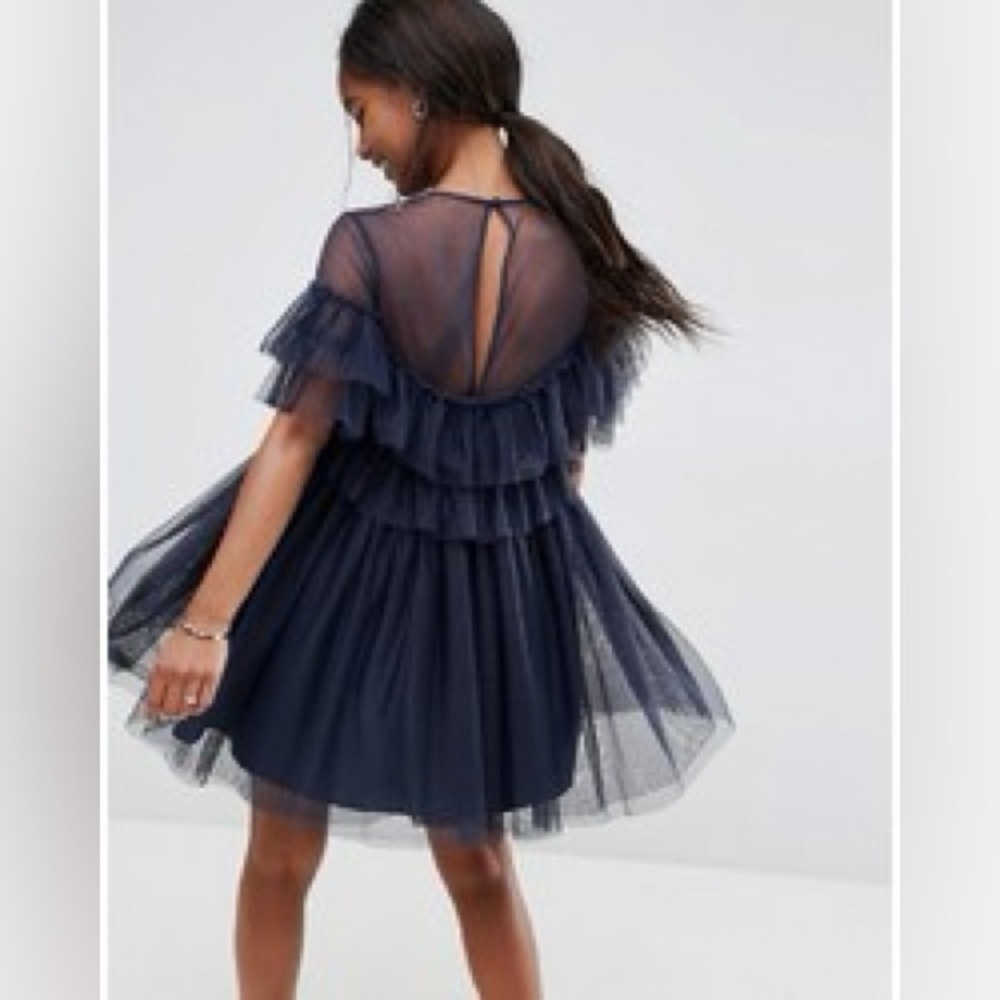 ASOS Tulle Ruffle Mini Dress - Navy - Picture 2 of 4